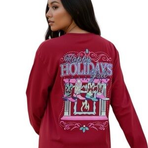 Benny & Belle XL 100% Cotton Red Happy Holidays Western Long Sleeve Shirt
